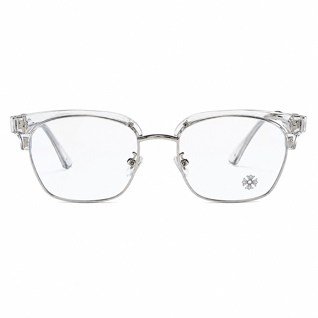 Rimless Bottom Chrome Heart Glasses – Clear & Silver Edition.