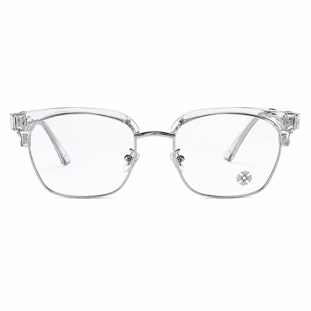 Rimless Bottom Chrome Heart Glasses – Clear & Silver Edition.