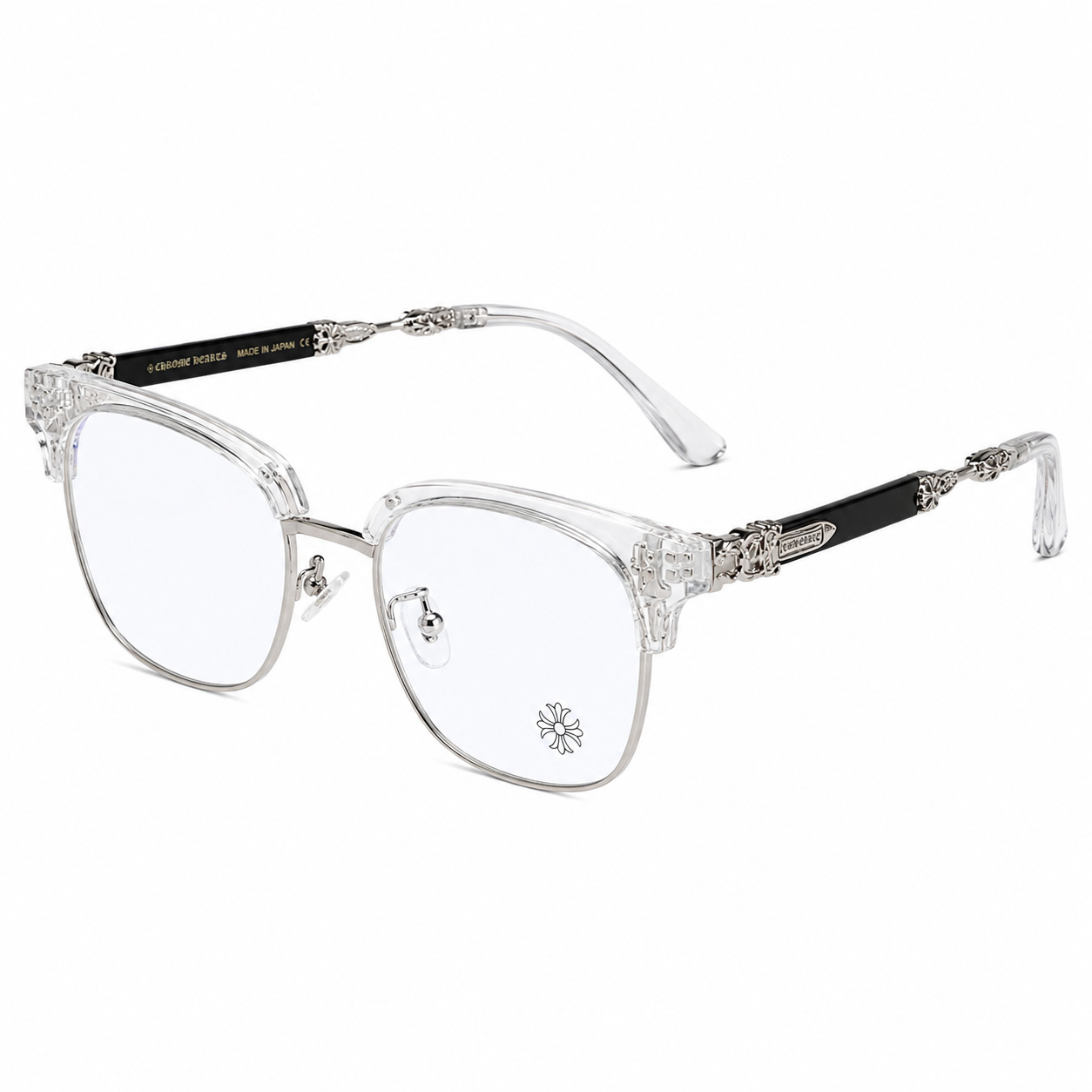 Rimless Bottom Chrome Heart Glasses – Clear & Silver Edition.