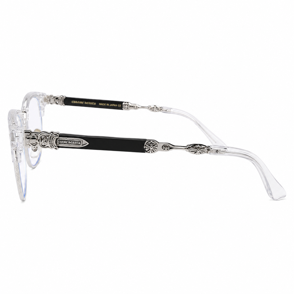 Rimless Bottom Chrome Heart Glasses – Clear & Silver Edition.