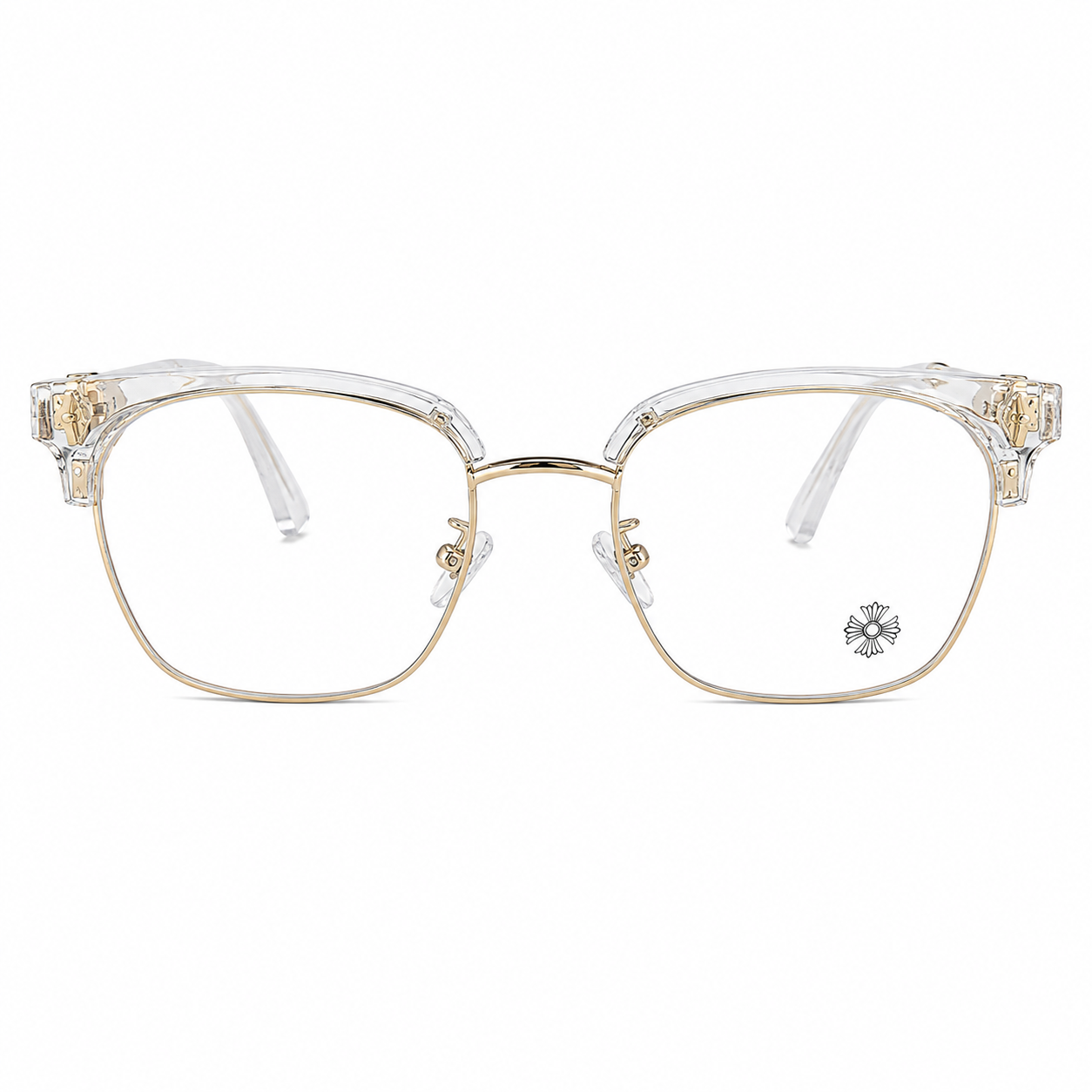Rimless Bottom Chrome Heart Glasses – Clear & Gold Edition.