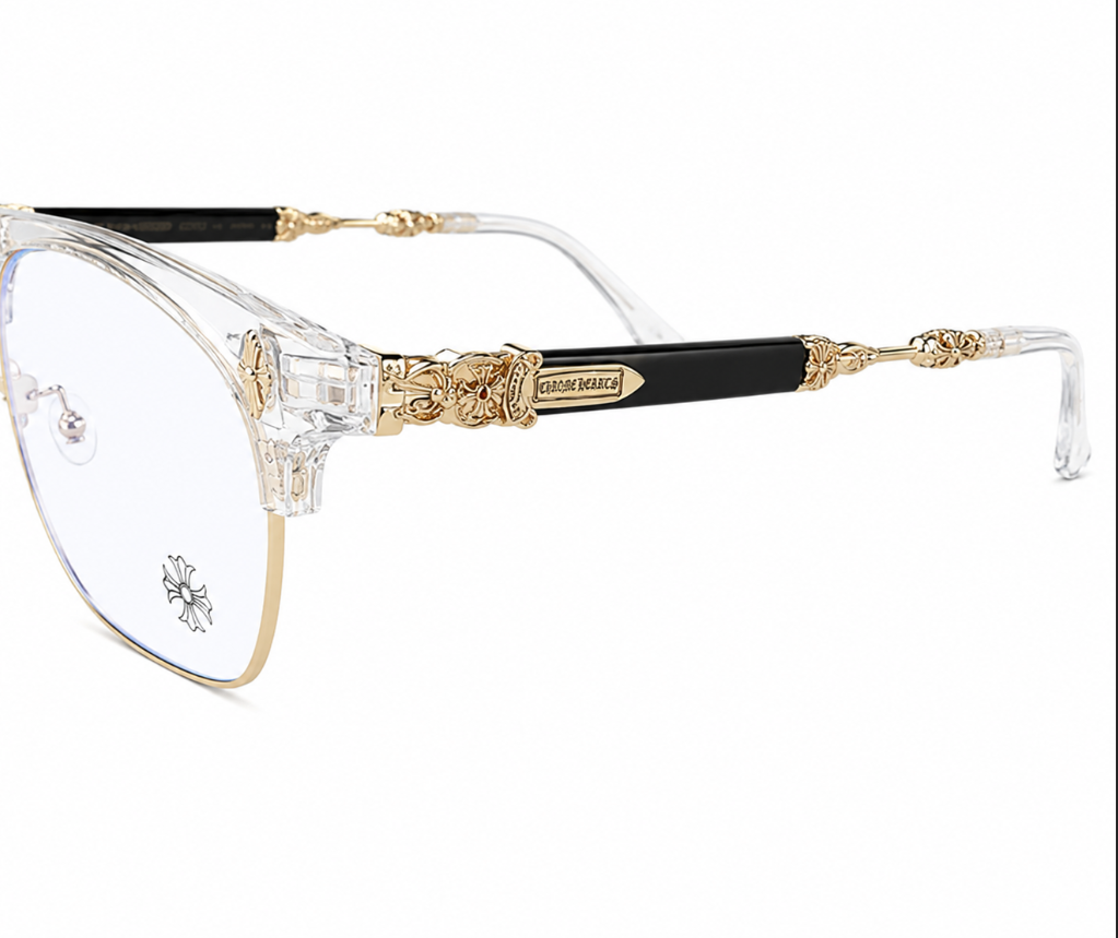 Rimless Bottom Chrome Heart Glasses – Clear & Gold Edition.