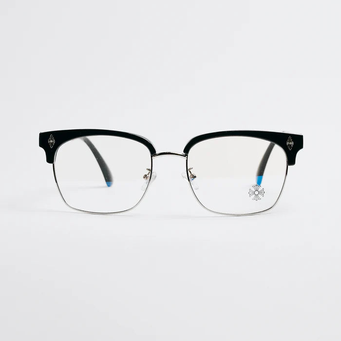 Rimless Bottom Chrome Heart Glasses – Black & Silver Edition.